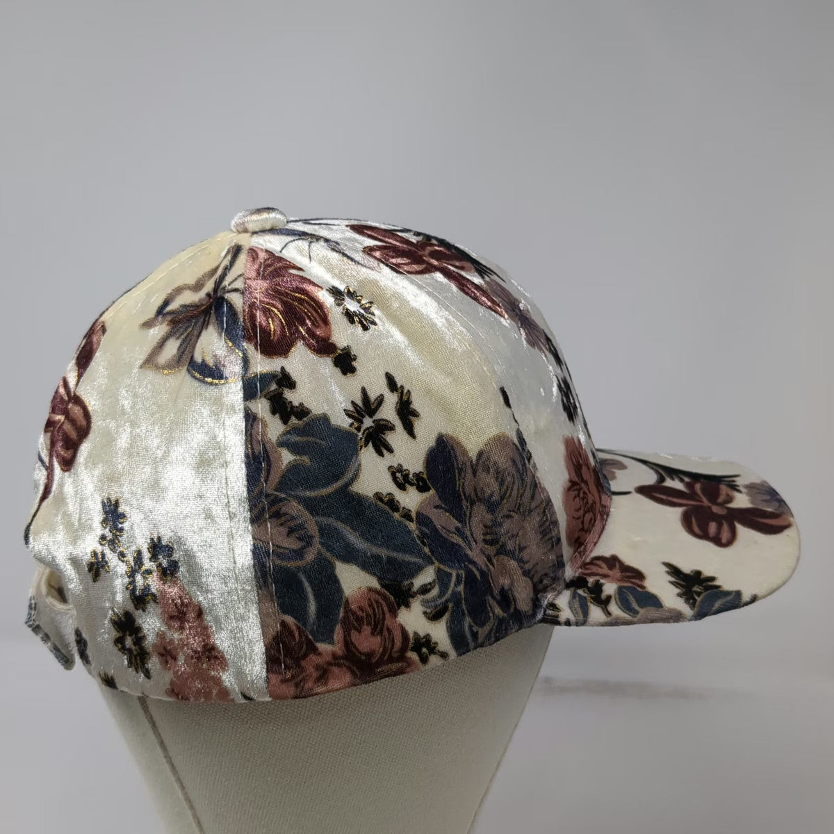 Baseball Cap White OSFM Crushed Velvet Floral Pattern Metallic Gold Roses Hat
