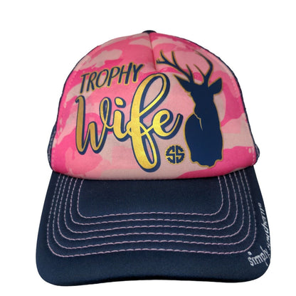 Simply Southern Women's Slideback Mesh Back Hat Blue Pink Camo Trophy Wife Funny