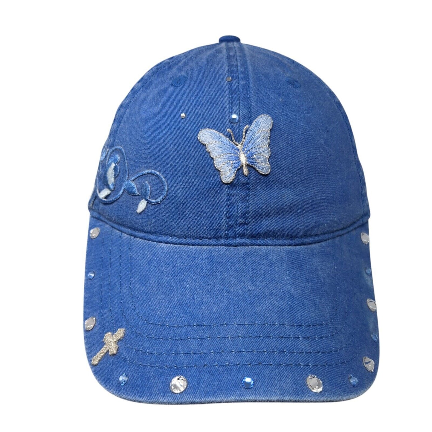Otto Slideback Hat Blue One Size Adjustable Butterfly Embroidered Bling