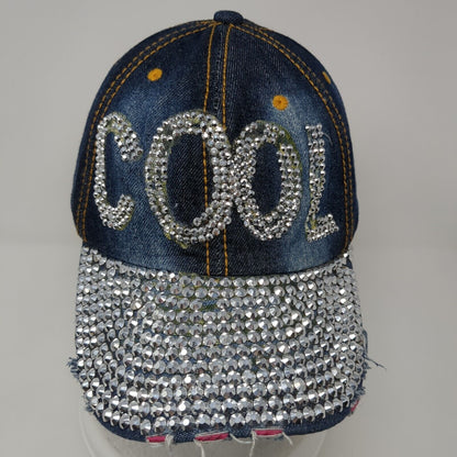 Cool Slideback Hat Blue One Size Adjustable Distressed Denim Rhinestone Bling