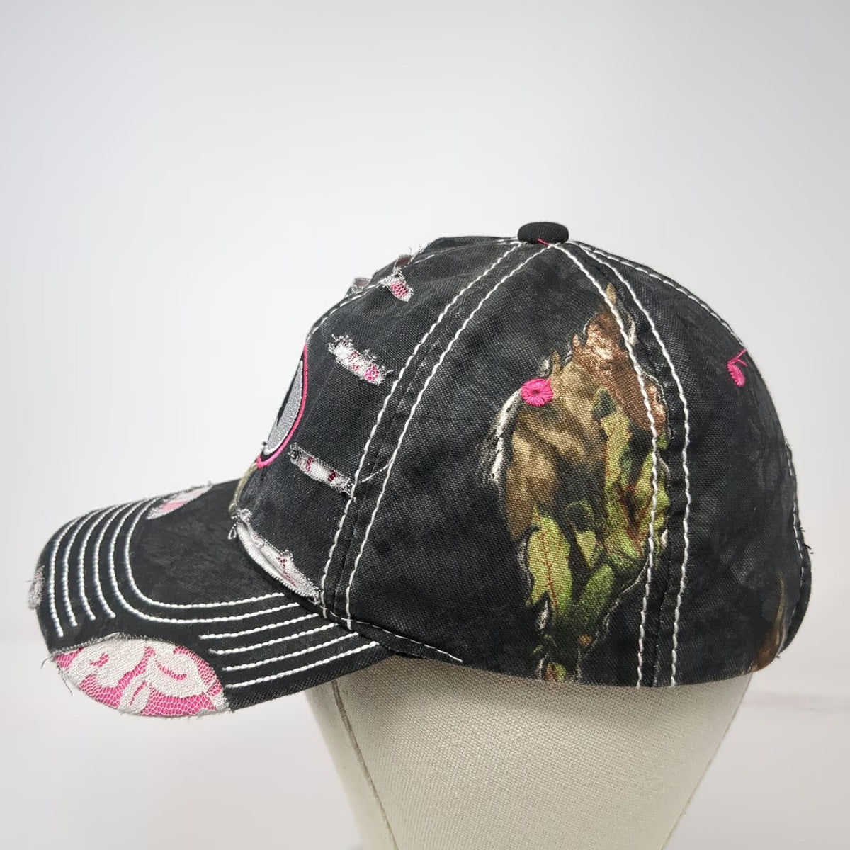 Mossy Oak Baseball Cap Black Pink One Size Distressed Lace Camo Hat Stitching