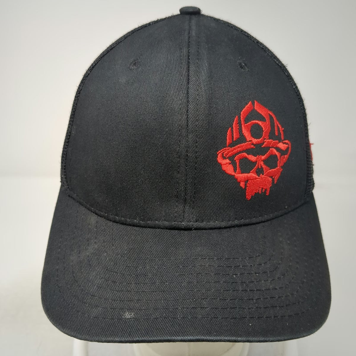 Black Helmet Trucker Hat One Size Red Skull Fire Fighter Mesh Snapback Logo Cap