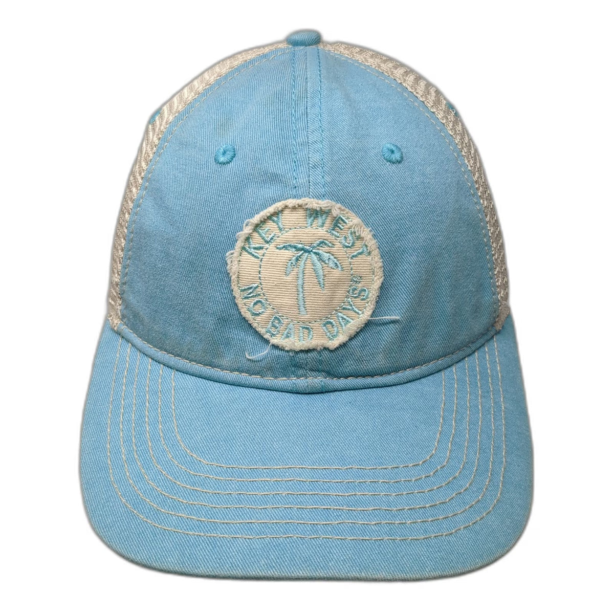 Blue 84 Trucker Hat Beige One Size Key West Palm Tree Patch Mesh Back Snapback