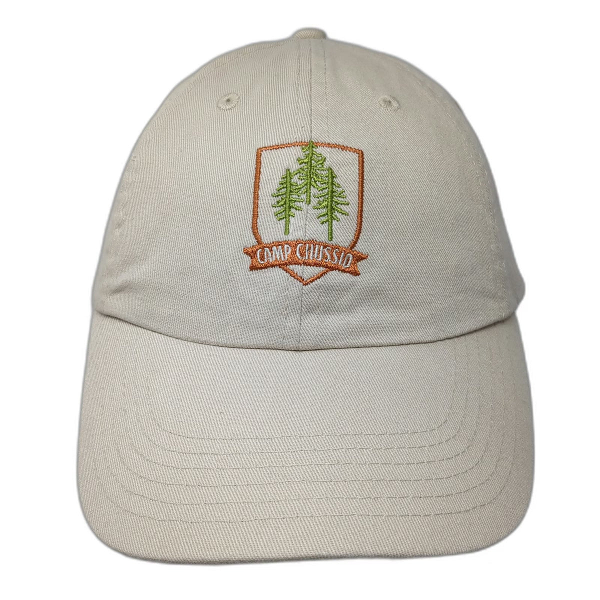Camp Chussid Pine Trees Crest Beige One Size Baseball Cap Cotton Slideback Hat