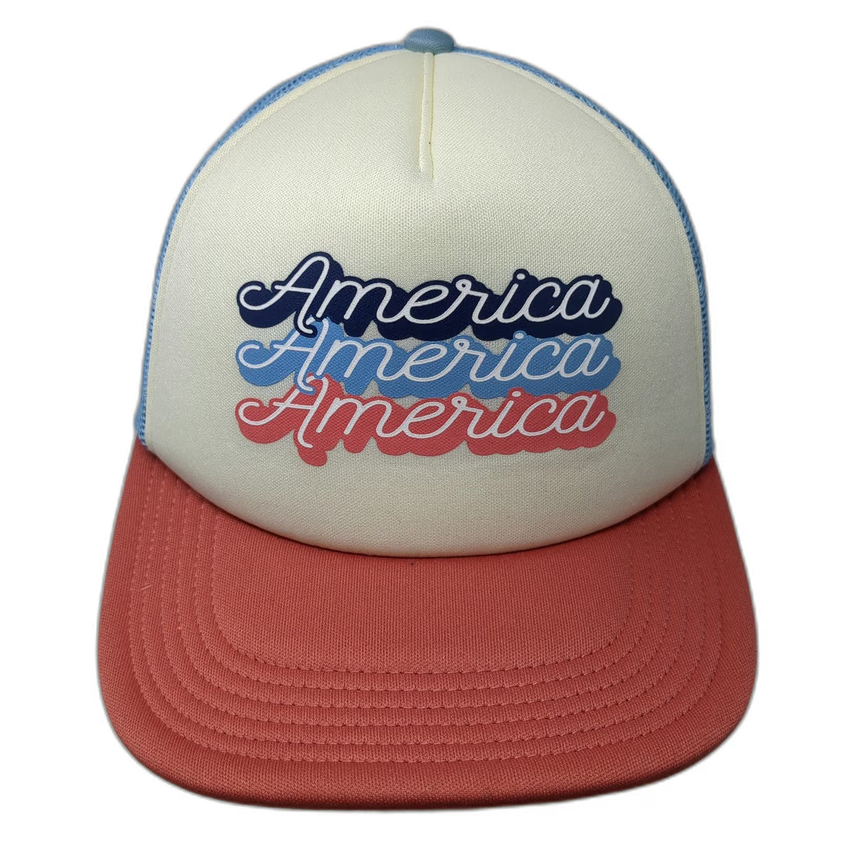 Retro America Patriotic Graphic Trucker Hat Ivory Blue Red One Size Snapback