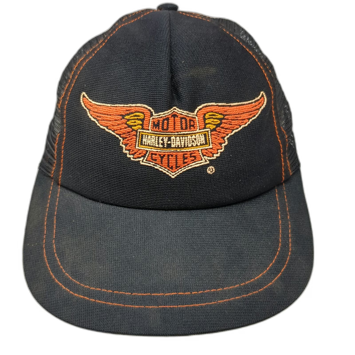 Harley-Davidson Trucker Hat Black Mesh Back Snapback Made in USA Orange Vintage