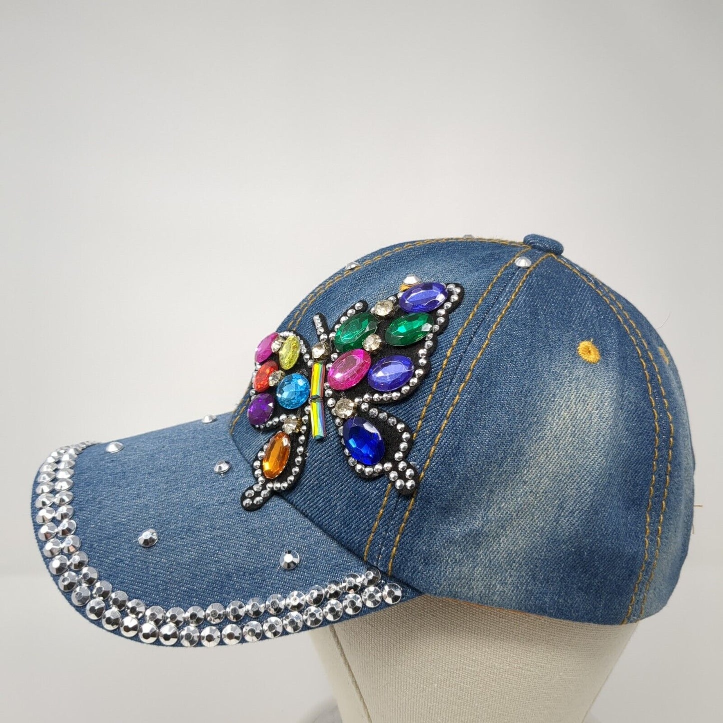 Bedazzled Butterfly Slideback Hat Blue OS Adjustable Rhinestone Beaded Denim