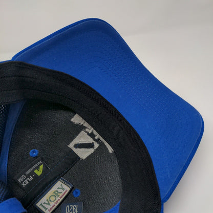 Builders First Source Fitted Hat Blue S/M A-Flex Embroidered 6 Panel Ivory