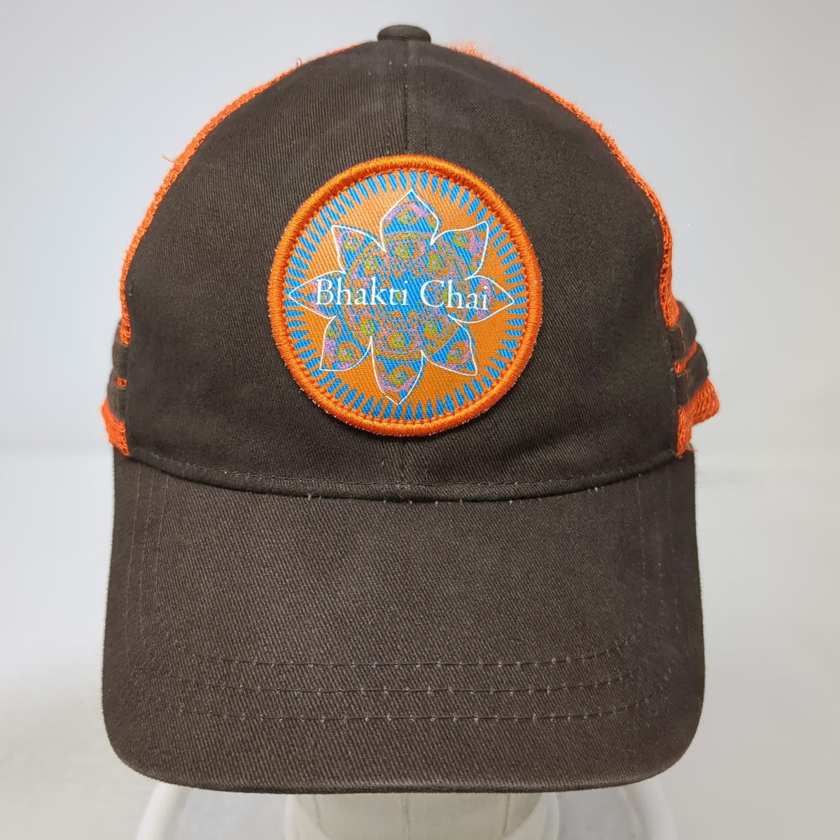 Bhakti Chai Trucker Hat Brown Orange One Size Mesh Snapback Patterned Underbrim
