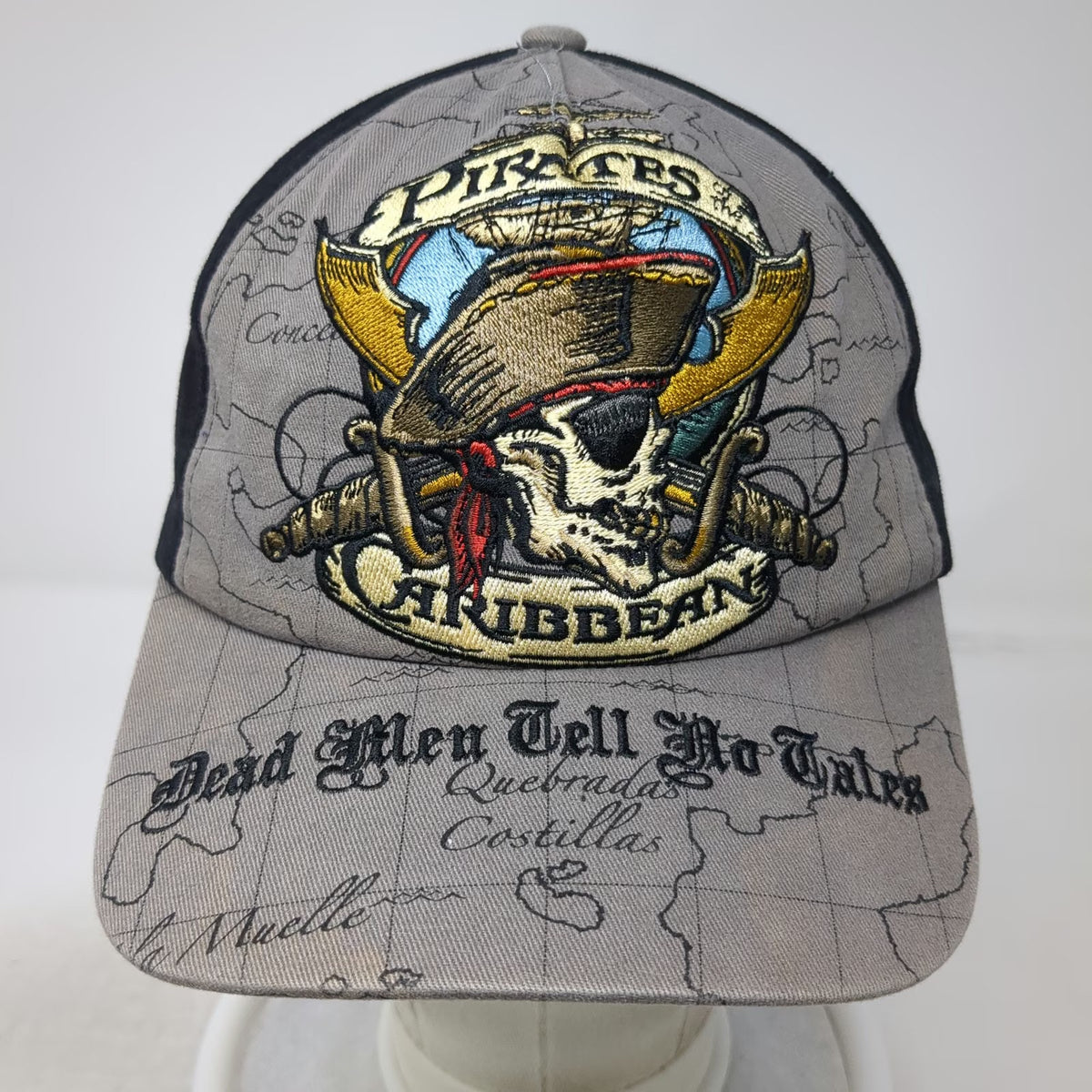 Disney Parks 5 Panel Gray One Size Hat Pirates of the Caribbean Map Print Skull