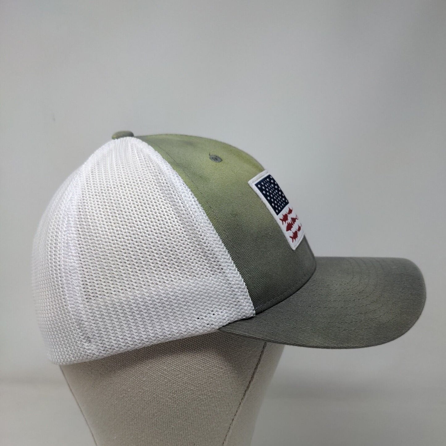 Fish American Flag Fitted Trucker Hat Green S/M Columbia PFG Colorblock