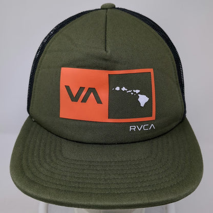 RVCA Trucker Hat Green OSFM Mesh Back Hawaii VA Logo Deep Fit Snapback Flat Brim