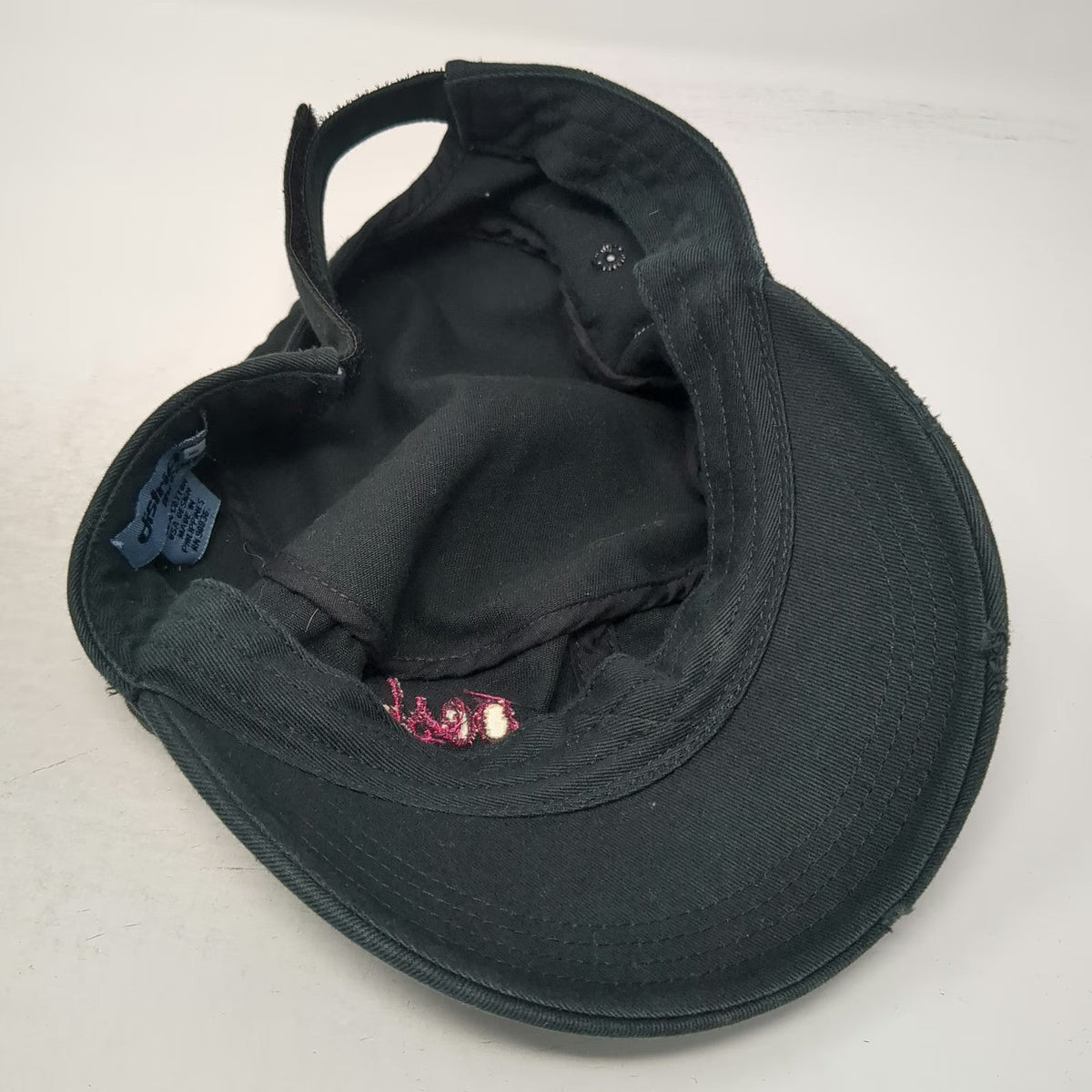 District Army Cap Black One Size Pink Posh Script Embroidery Frayed Edge Hat