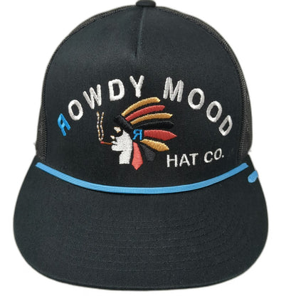 Rowdy Mood Co Black Trucker Hat OSFM Mesh Snapback Native Headdress Rope Logo