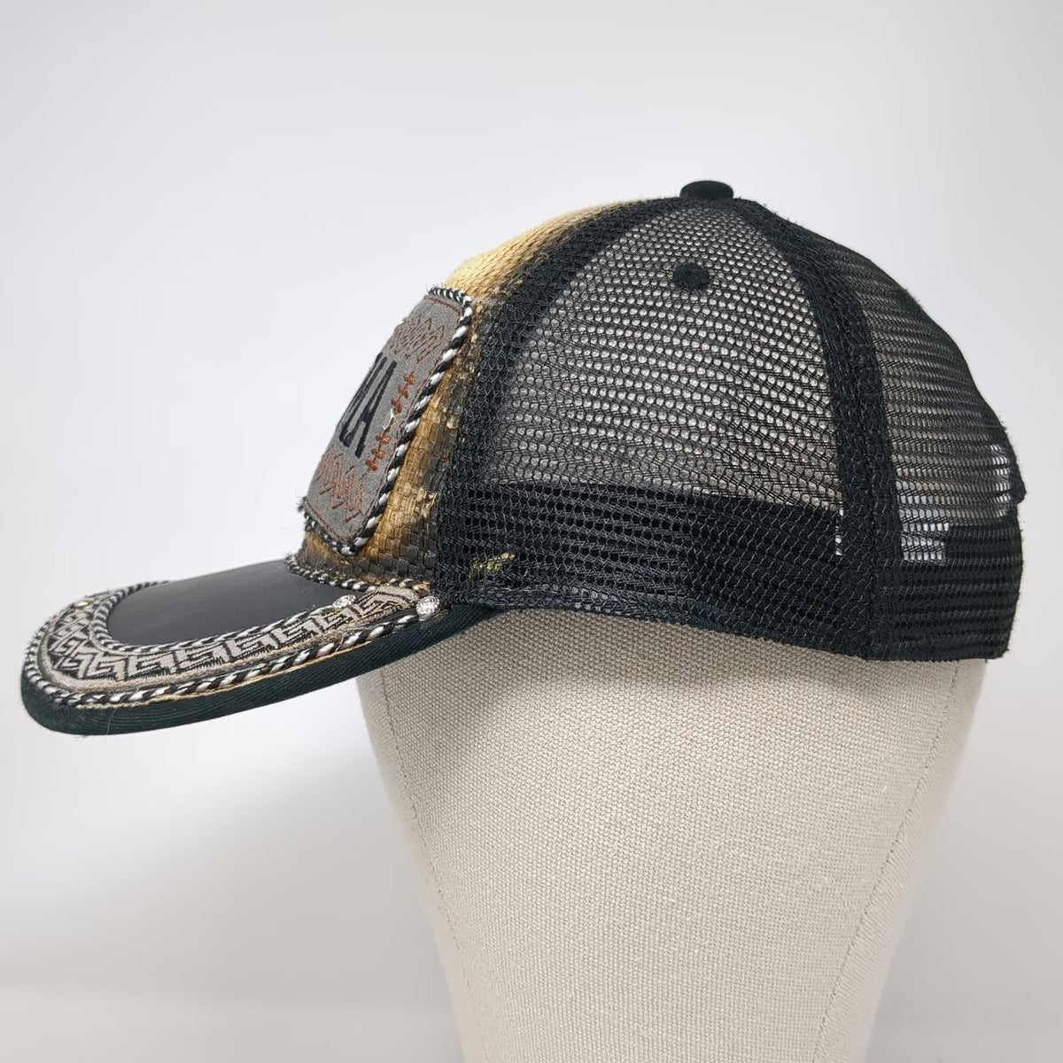 J&A Trucker Hat Black One Size Colima Mexico Patch Greek Key Studded Mesh Back