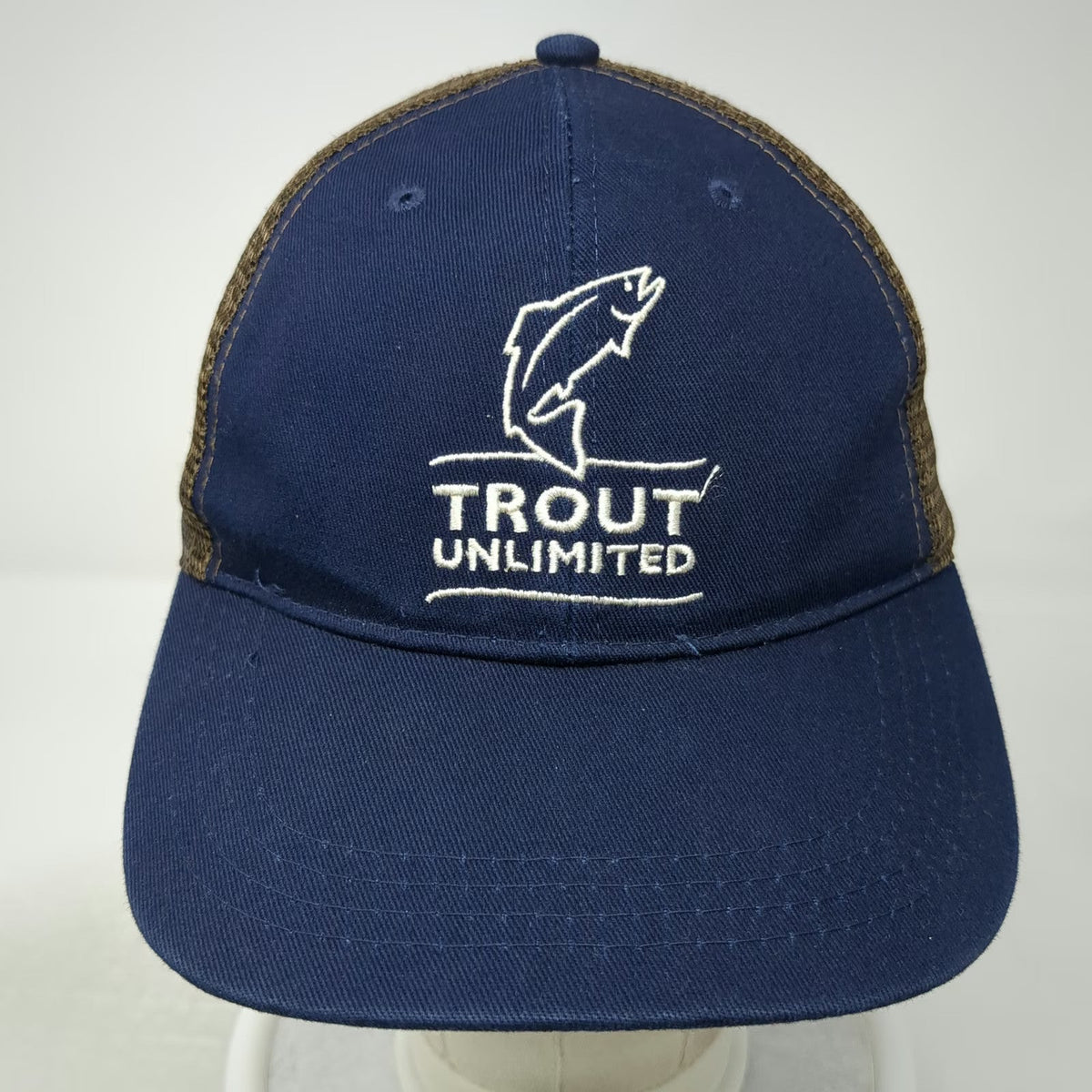 Trout Unlimited Baseball Cap Blue Brown OSFM Mesh Back Curved Brim Fishing Hat