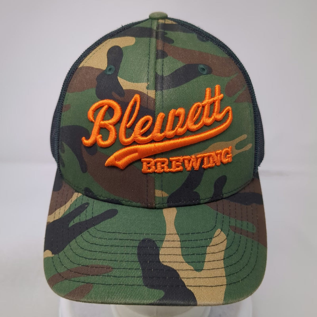 Richardson Trucker Hat Green OSFM Woodland Camo Orange Blewett Brewing Snapback
