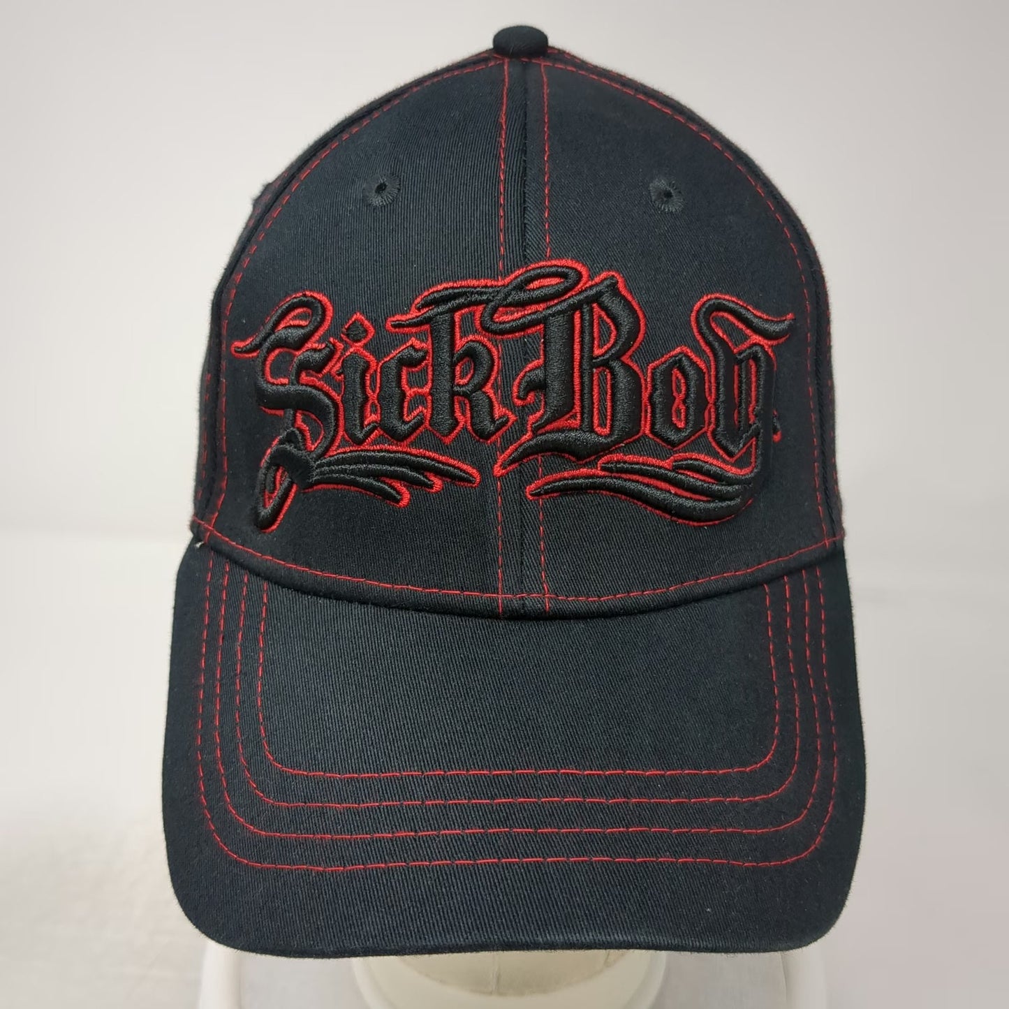 Sick Boy Baseball Cap Black Red XL Fitted Hat Contrast Stitching Gothic Logo