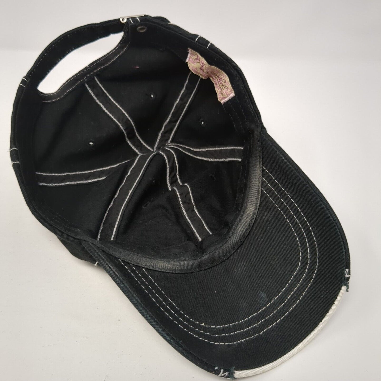 Marigold Caps Slideback Hat Black One Size Adjustable Rhinestone Distressed