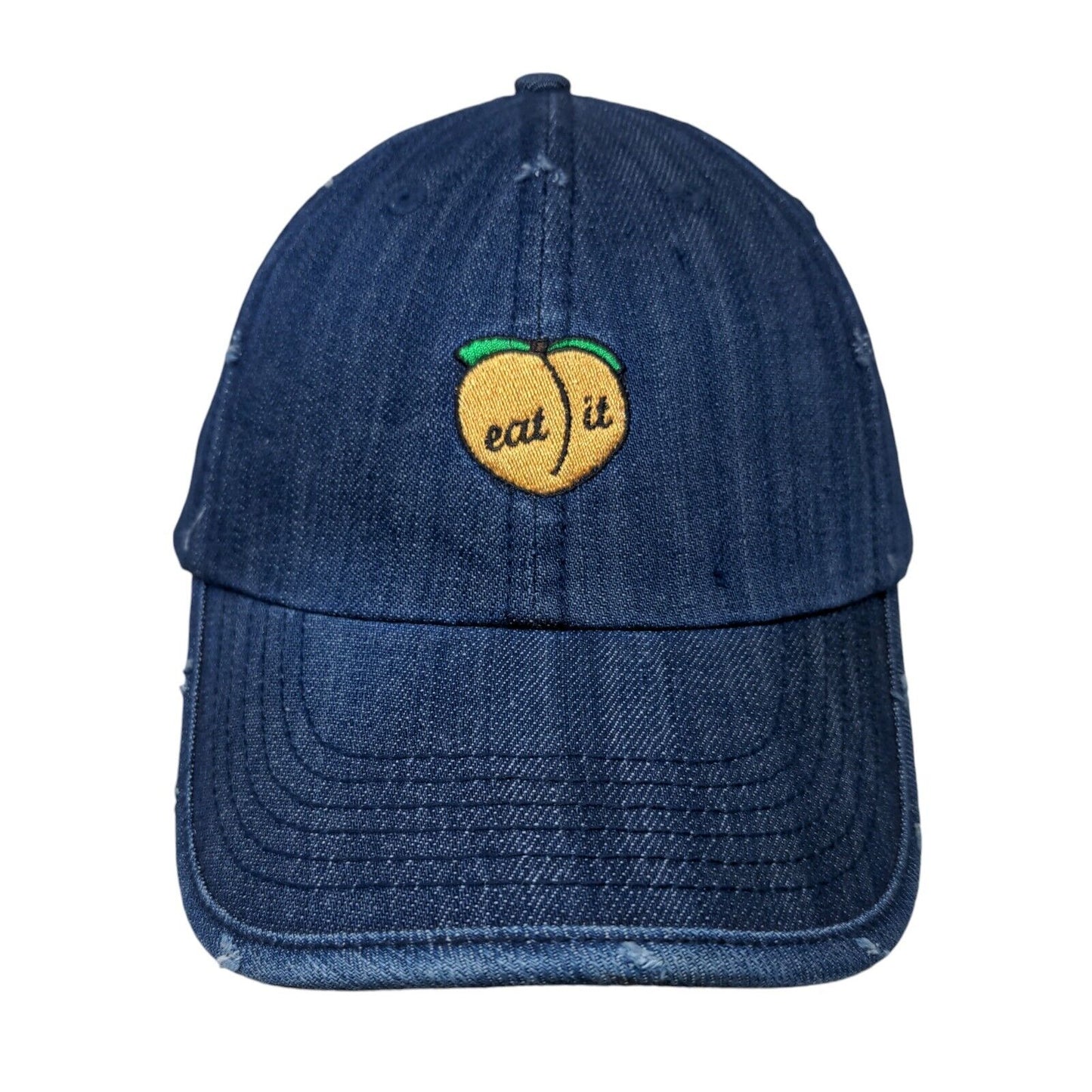 Peach Eat It Slideback Hat Blue OSFM Adjustable Embroidered Denim
