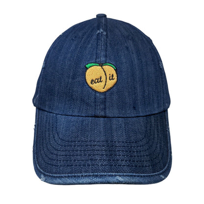 Peach Eat It Slideback Hat Blue OSFM Adjustable Embroidered Denim