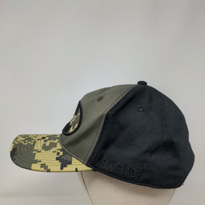 Six Flags Snapback Hat Camouflage OSFA Adjustable Embroidered 6 Panel Cotton