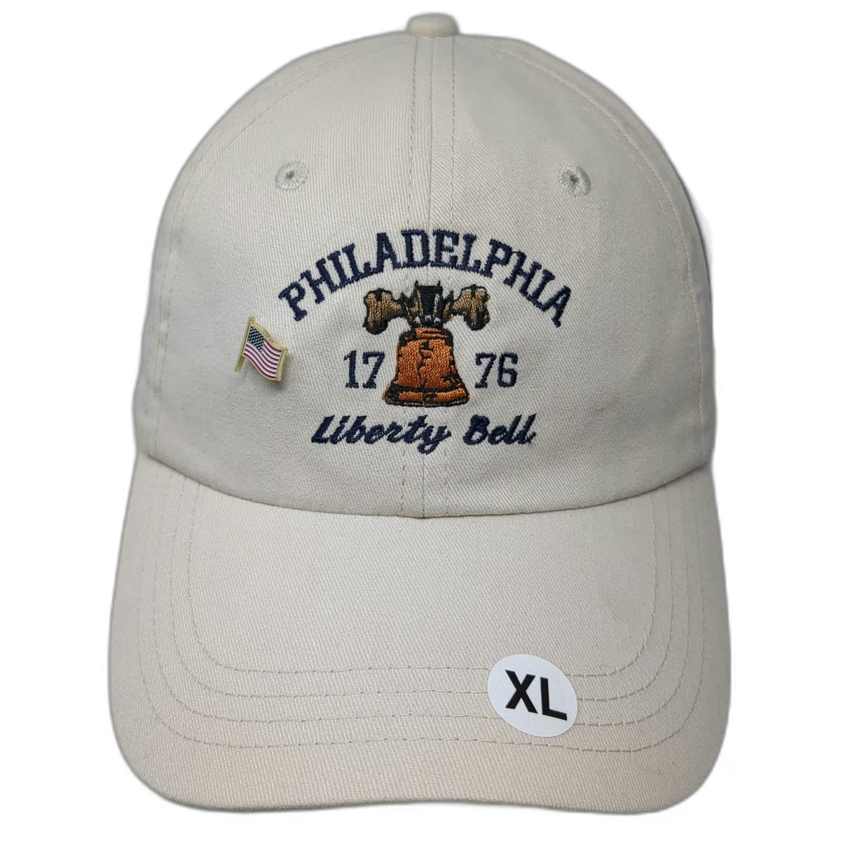 Philadelphia Liberty Bell 1776 Flag Pin Beige Baseball Cap XL Hat Cotton Strap