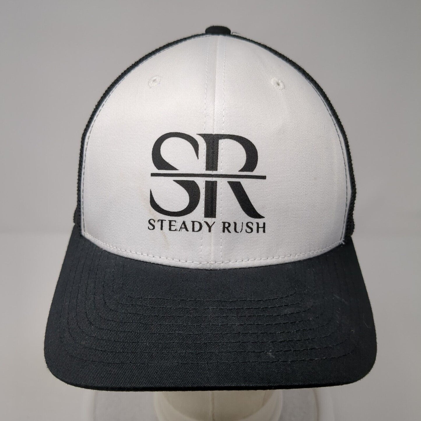 Steady Rush Fitted Trucker Hat Black One Size Mesh Flexfit 6 Panel Yupoong