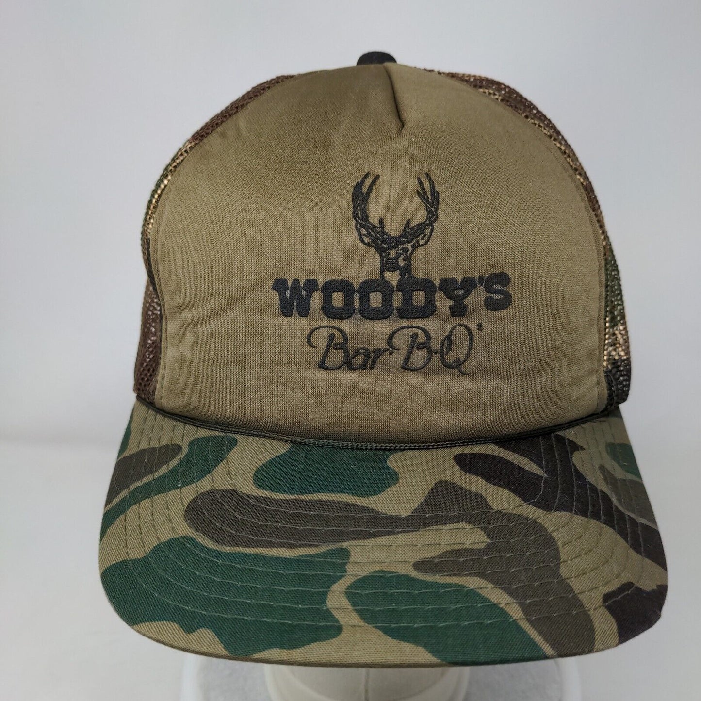 Woody's Bar BQ Snapback Trucker Hat Camouflage OSFA Adjustable Mesh Back