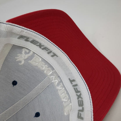 Browning Baseball Cap Blue Red White M Mesh Buckmark Flexfit 3D Embroidery Hat