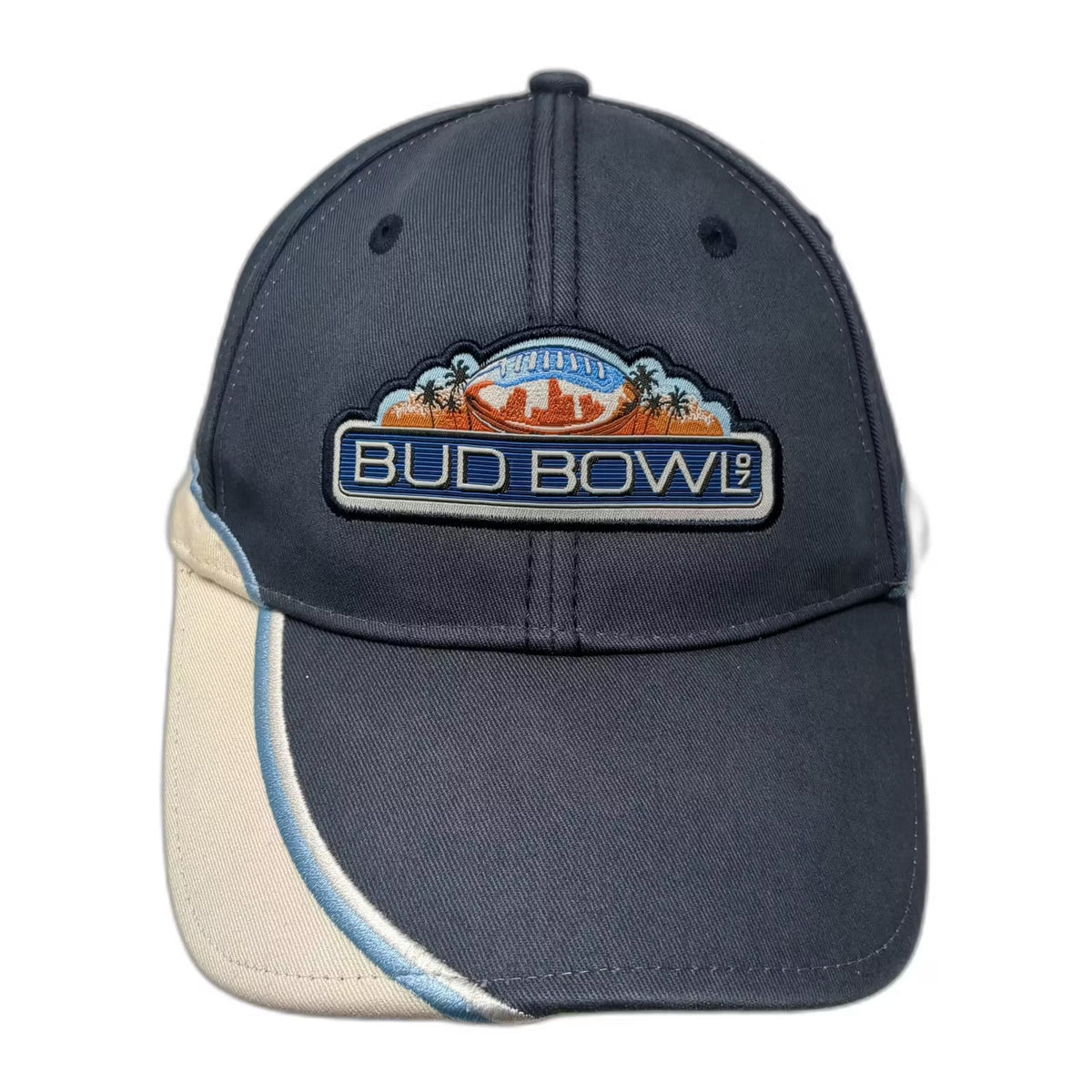 Bud Light Bud Bowl 97 Football Embroidered Cap Strapback Blue Beige OSFA