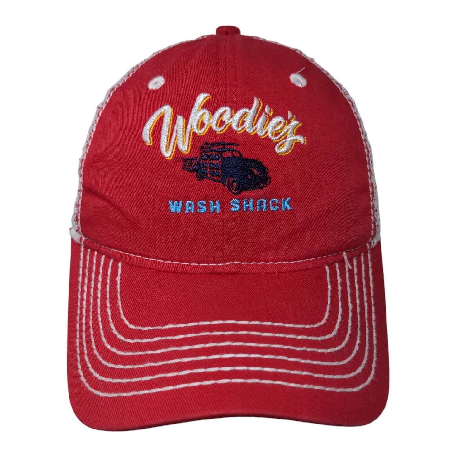 Woodies Wash Shack Strapback Trucker Hat Red OSFA Adjustable Mesh Back Paramount