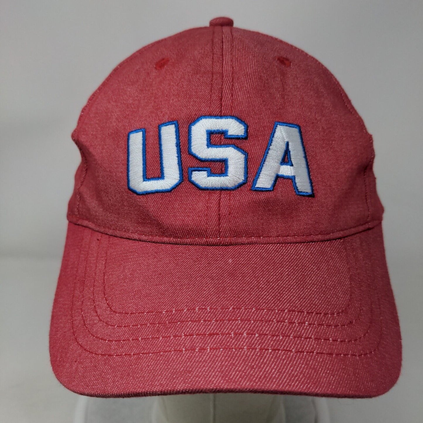 USA Strapback Hat Red One Size Adjustable Embroidered Vented Holes 6 Panel