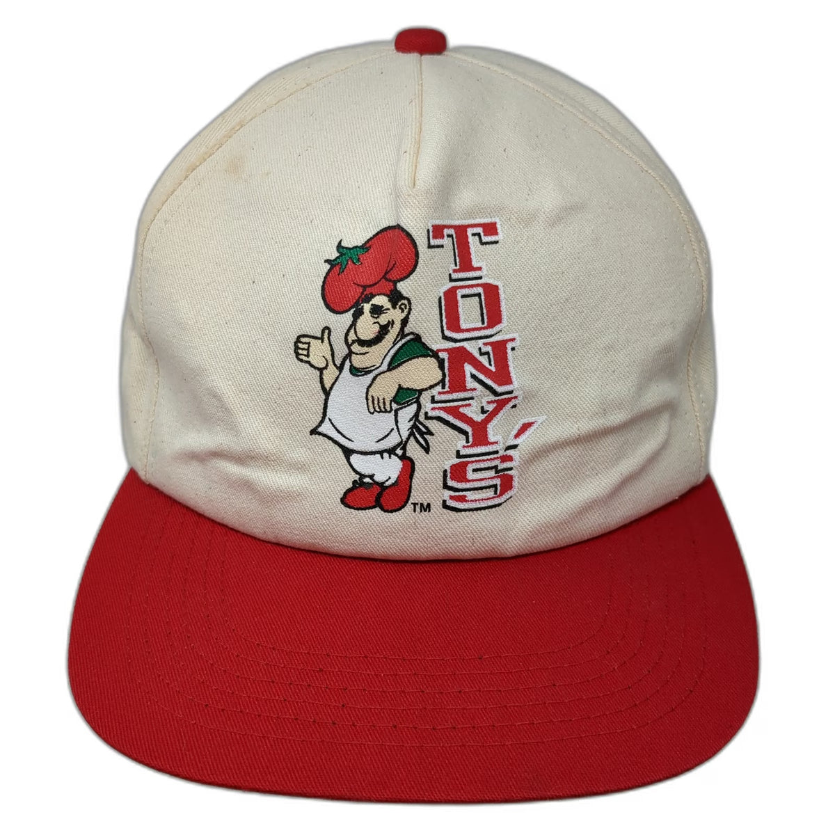 Tonys Pizza Chef Mascot 5 Panel White Red Hat One Size Snapback Cotton Twill