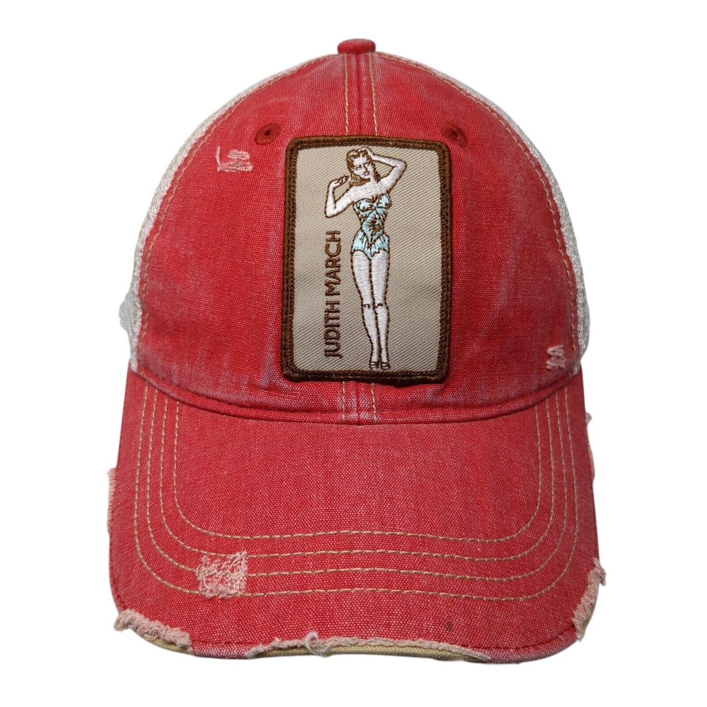 Judith March Snapback Trucker Hat Red One Size Adjustable Mesh Back Distressed
