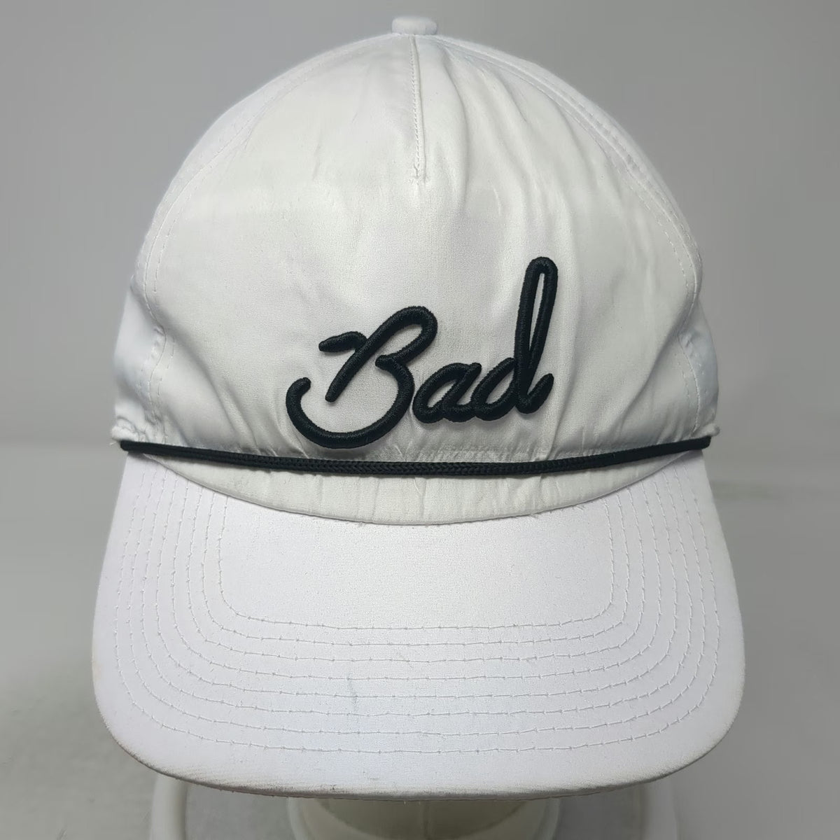 Bad Birdie 5 Panel White Hat One Size Snapback Black Rope Script Performance