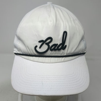 Bad Birdie 5 Panel White Hat One Size Snapback Black Rope Script Performance
