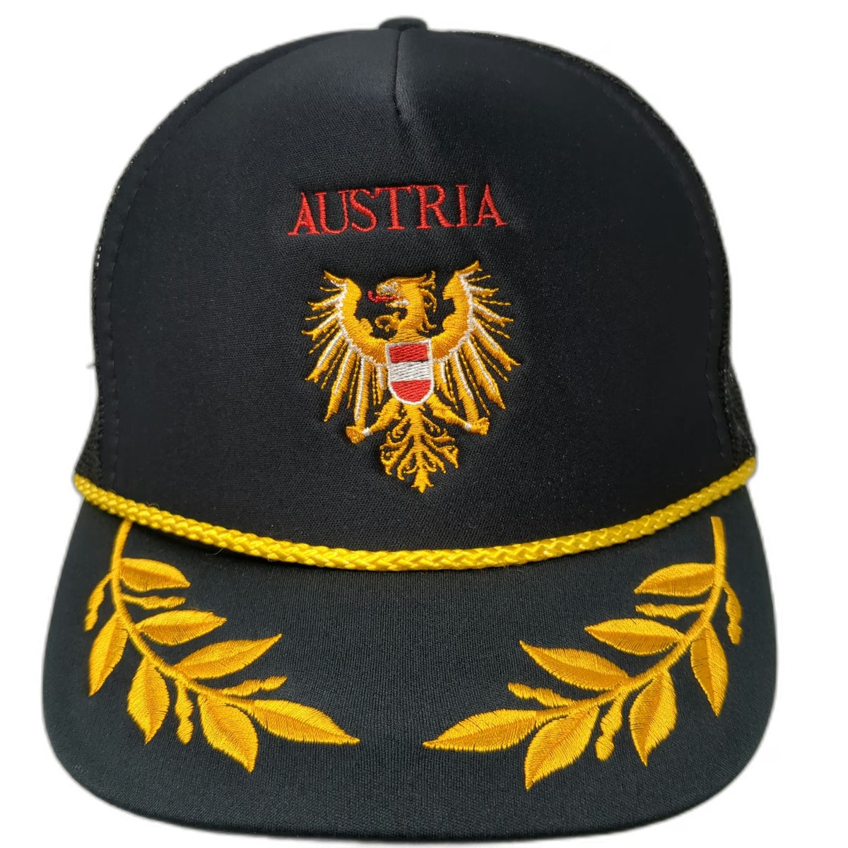 Trucker Hat Black One Size Austria Eagle Coat of Arms Scrambled Eggs Gold Rope