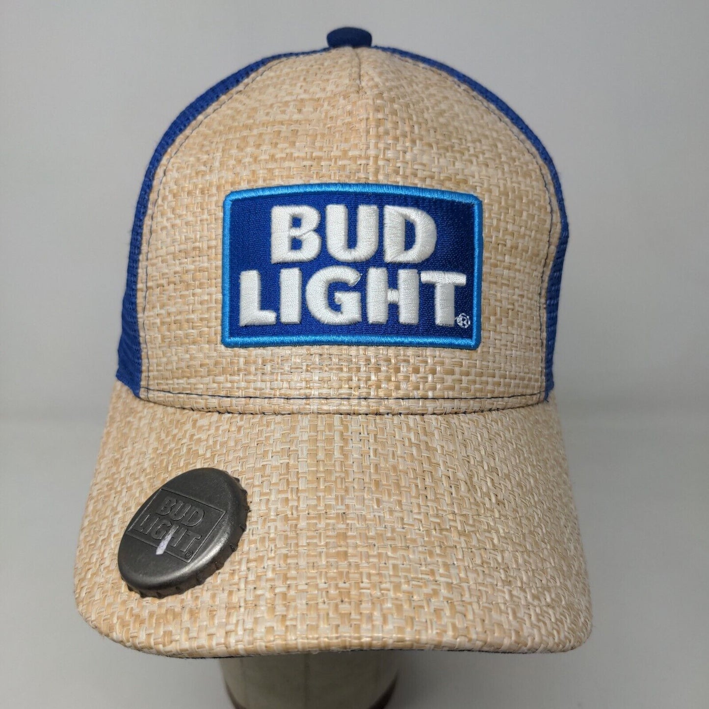 Bud Light Men's Snapback Mesh Back Hat Tan Blue Embroidered Logo Beer