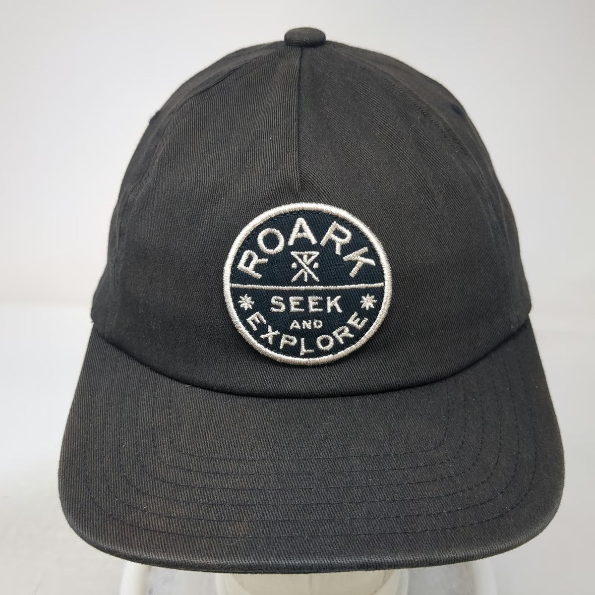 Roark 5 Panel Black Hat One Size Seek and Explore Cotton Spandex Slideback Patch