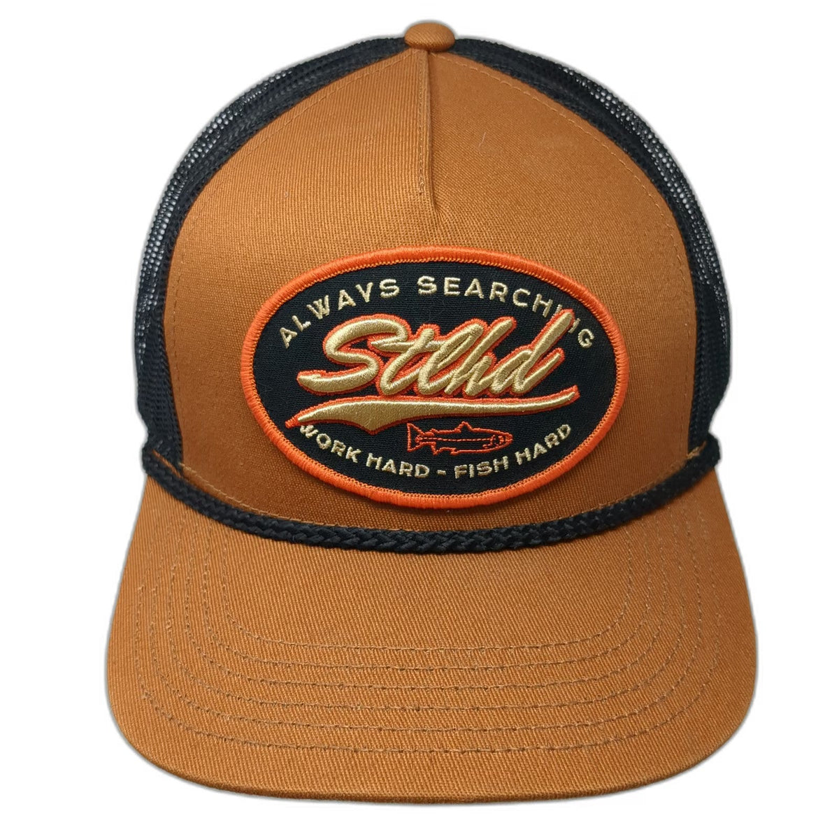 STLHD Gear Brown Black Trucker Hat One Size Mesh Snapback Steelhead Fish Patch