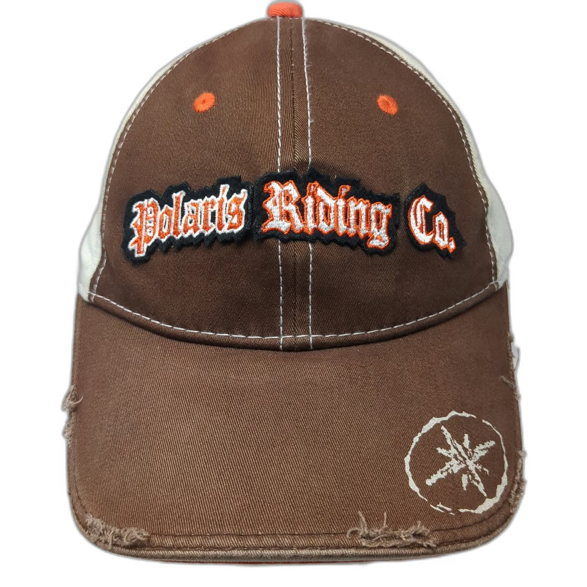 Polaris Baseball Cap Brown Beige Orange S/M Riding Co Distressed Stretch Fit Hat