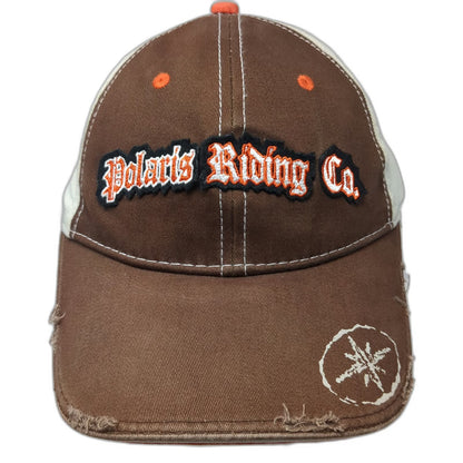 Polaris Baseball Cap Brown Beige Orange S/M Riding Co Distressed Stretch Fit Hat