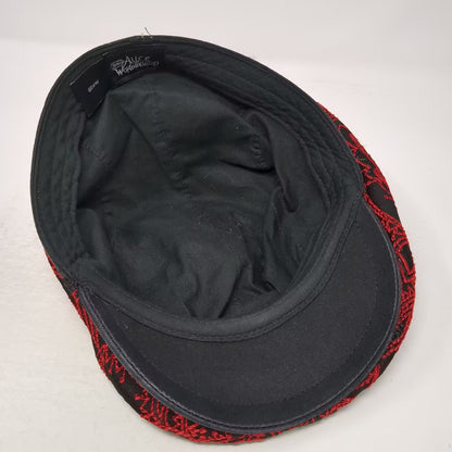 Disney Alice in Wonderland Newsboy Cap Black Red Embroidered Hearts Size L Hat