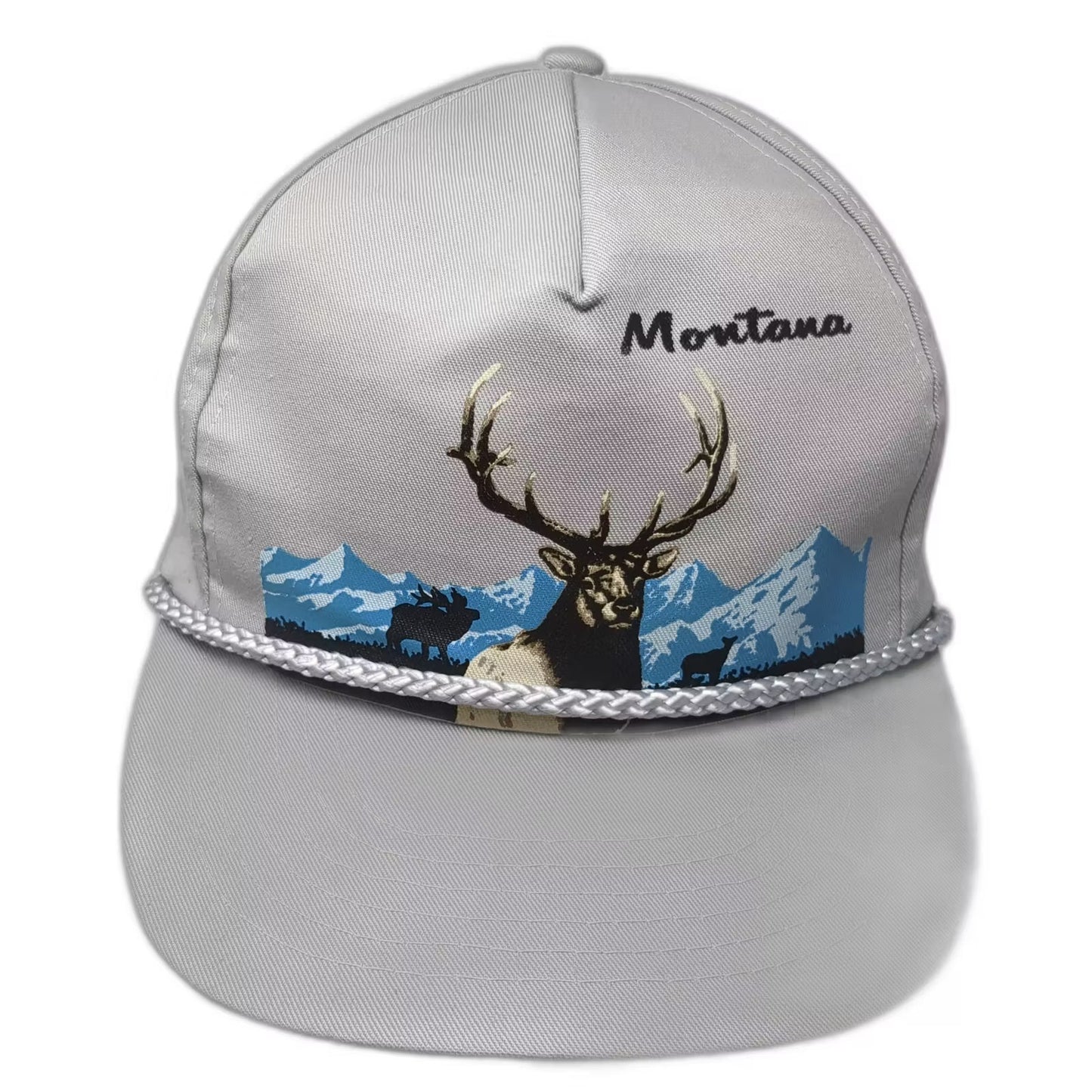 Montana Elk Mountain Scene Gray 5 Panel Snapback Hat OS Adjustable Rope Vintage