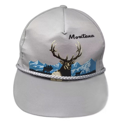 Montana Elk Mountain Scene Gray 5 Panel Snapback Hat OS Adjustable Rope Vintage