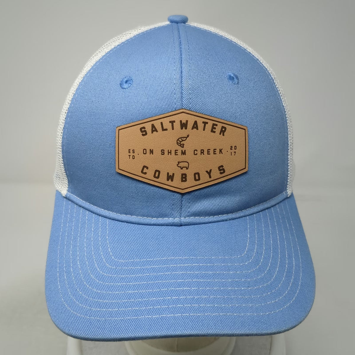 Port Authority Trucker Hat Blue White One Size Saltwater Cowboys Leather Patch