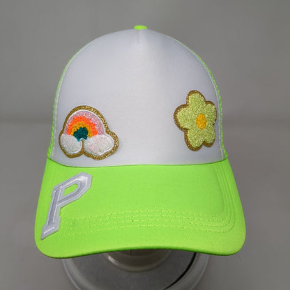 Rainbow Flower Patch Snapback Trucker Hat Green OSFA Adjustable Mesh Back