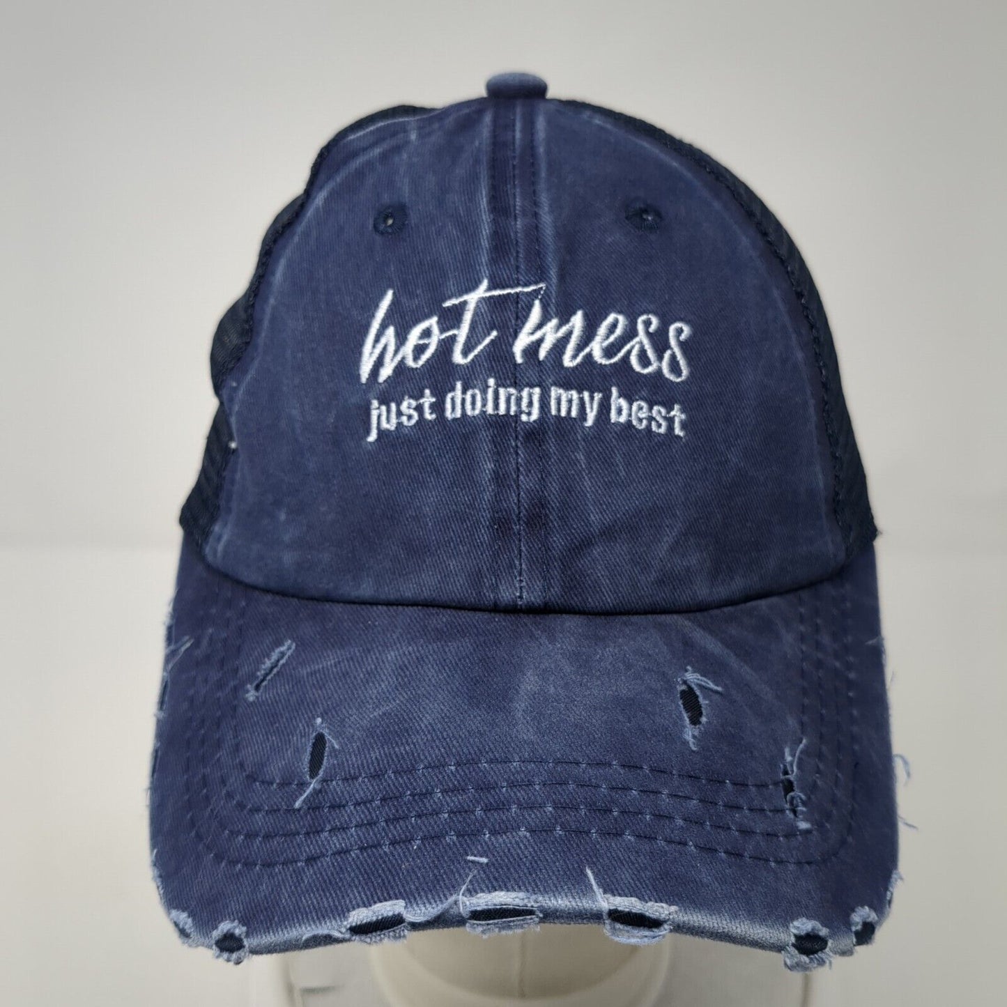 Hot Mess Just Doing My Best Ponyback Trucker Hat Blue OS Mesh Back Distressed