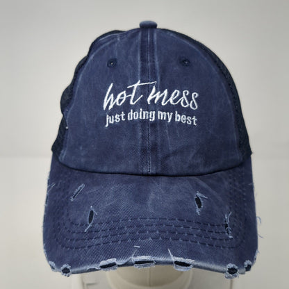 Hot Mess Just Doing My Best Ponyback Trucker Hat Blue OS Mesh Back Distressed